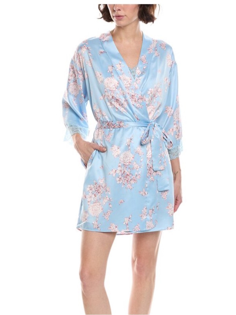 Flora Nikrooz Robe - ivy blue/white floral satiny belted lightweight